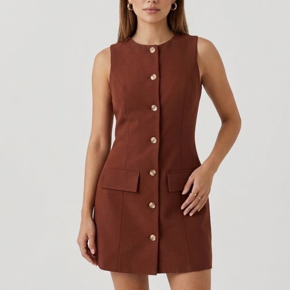 Sincerely Jules Womens Rust Brown Button Front Sleeveless Mini Dress Office chic